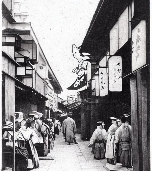 Prompt: 1 8 th century japanese street market in kyoto 1 9 0 0 s early photography historical photo portrait anthro anthropomorphic fox head animal person fursona wearing clothes street trader