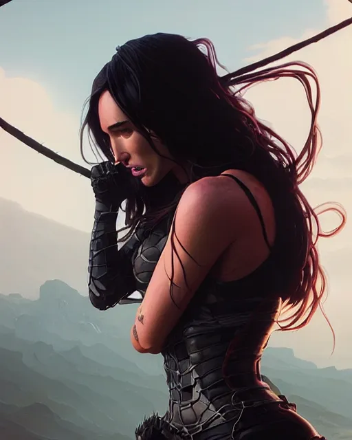 Image similar to highly detailed vfx portrait of megan fox as venom, stephen bliss, unreal engine, greg rutkowski, loish, rhads, beeple, makoto shinkai and lois van baarle, ilya kuvshinov, rossdraws, tom bagshaw, alphonse mucha, global illumination, detailed and intricate environment