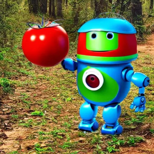 Prompt: cute robot wearing a tomato hat and a walking stick, trekking in a forest, pixar style