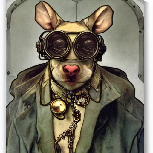 Image similar to a rat with steampunk googles, by Alfons Maria Mucha