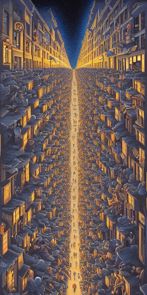 Prompt: A crowded street extending into the night sky, matte painting by Rob Gonsalves, in the style of Salvador Dalí, surrealism, magic realism, optical illusion art