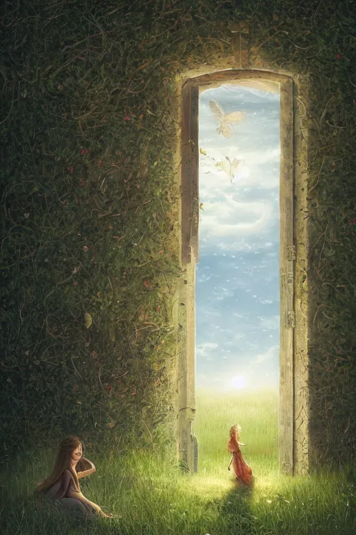 Image similar to wonderdream faeries lady in the middle of a field, white open door, digital art painting fantasy by hubert robert and lee madgwick and roger dean and jacek yerka, dan mumford and alex grey style, soft lighting, 4 k hd wallpaper illustration character design concept joy atmospheric lighting