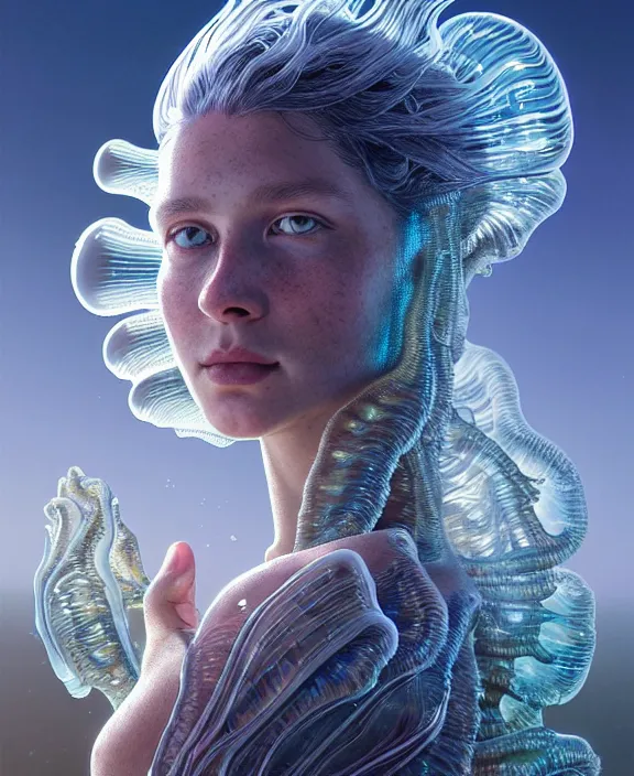 Prompt: intricate transparent clear see - through portrait of a terrifying beautiful alien sea slug, mottled coloring, adorable, childlike, pastoral environment, ultra realistic, concept art, art nouveau, photorealistic, octane render, 8 k, unreal engine. art by christopher marley and artgerm and greg rutkowski and alphonse mucha