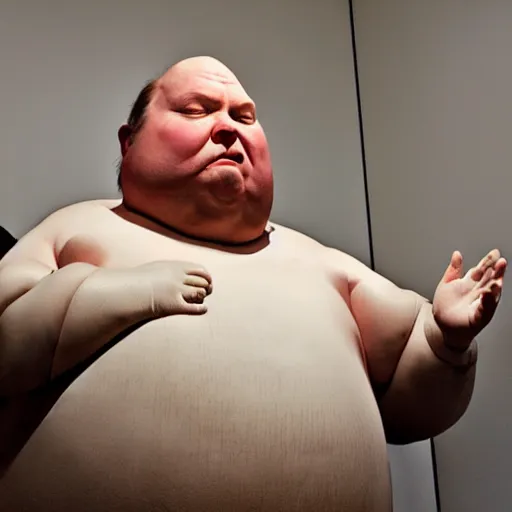 Image similar to a rotund man with fish head praying, ron mueck masterpiece, wide angle view, exhibition