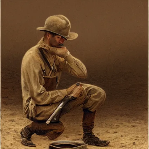 Image similar to a detailed photorealistic sepia - toned color portrait painting of a 1 9 1 7 worried clean - shaven british lieutenant in field gear in north arabia examining an ancient clay cylinder ultra realistic, intricate details, atmospheric, dark, horror, brooding, highly detailed, by clyde caldwell