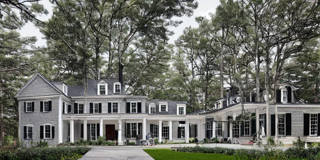 Image similar to grey brick wooden cape cod with pine trees and tile white black mansion by mcalpine house, by jackson & leroy architects