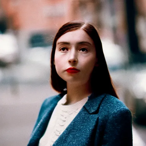 Prompt: medium format film candid portrait of a woman in new york by portrait photographer, 1 9 6 0 s, depth of field woman portrait featured on unsplash, photographed on colour expired film