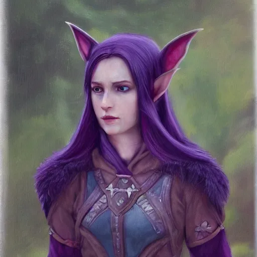 Image similar to oil painting a female medieval fantasy tolkien elf, dark purplish hair tucked behind ears, wearing a fur lined collar, wide face, muscular build, scar across the nose, cinematic, character art, detailed.