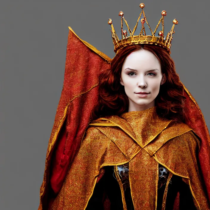 Image similar to photograph of a real-life beautiful fire queen with intricate crown and cloak. Extremely detailed. 8k