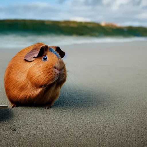 Image similar to a guinea pig using a metal detector on the beach, 4k photorealism