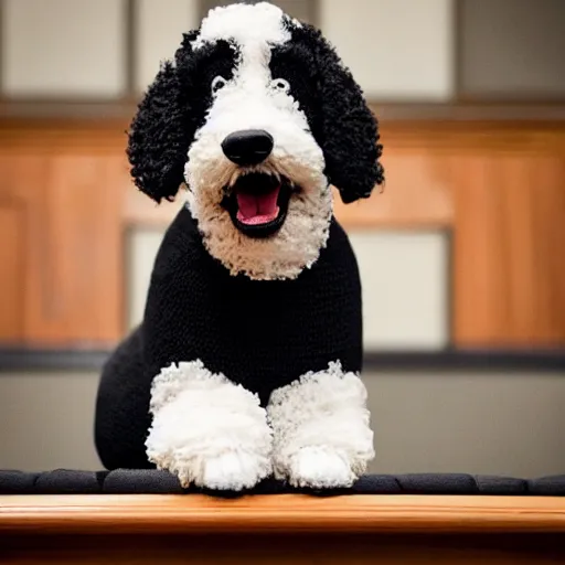 Image similar to a closeup photorealistic photograph of a cute smiling knitted bernedoodle judge dog dressed in a black gown, presiding over the courthouse. indoor image, professional capture, well lit shot. this 4 k hd image is trending on artstation, featured on behance, well - rendered, extra crisp, features intricate detail, epic composition and the style of unreal engine.