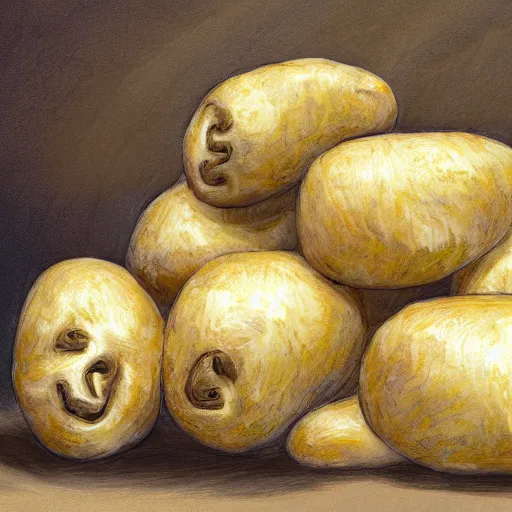 Image similar to a mosh of human - like potatoes doing the mashed potato dance, hyperrealistic, high - res, highly detailed, sketch, painting