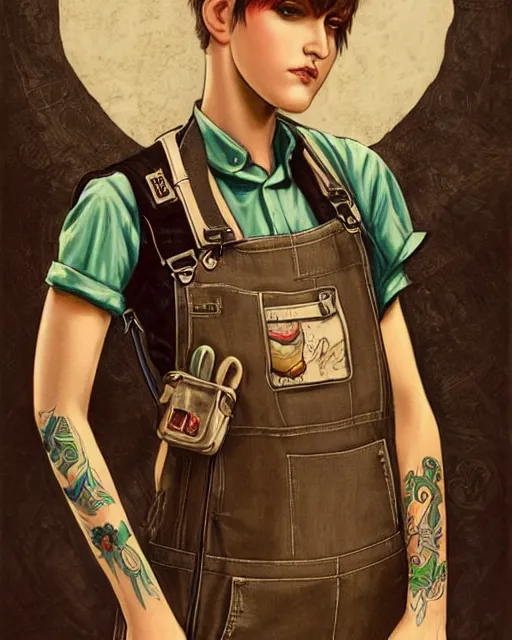 Image similar to a full body portrait beautiful androgynous punk girl with short hair and beautiful eyes, beautiful face, who is a mechanic wearing overalls with a utility bag, digital concept art, detailed digital painting, ornate decorative background, very aesthetic!!!!!!, by j. c. leyendecker and edward blair leighton and charlie bowater, trending on artstation