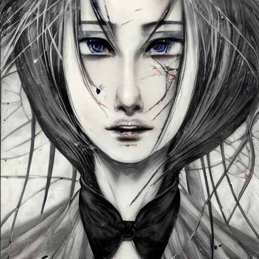 Image similar to Yoshitaka Amano realistic illustration of an anime girl with white hair and cracks on her face wearing dress suit with tie fluttering in the wind, abstract black and white patterns on the background, noisy film grain effect, highly detailed, Renaissance oil painting, weird portrait angle