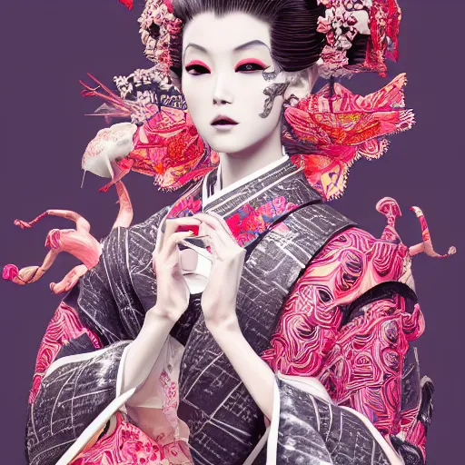 Image similar to the portrait of an absurdly beautiful, graceful, elegant, sophisticated, fashionable cyberpunk geisha gravure idol, an ultrafine hyperdetailed illustration by kim jung gi, irakli nadar, vania zouravliov, intricate linework, bright colors, porcelain skint, unreal engine 5 highly rendered, global illumination, radiant light, detailed and intricate environment