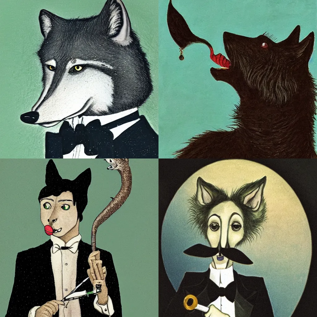 Prompt: portrait of a singular aristocratic wolf!!!!!!!! wearing a tuxedo and smoking an old pipe, in style of ida rentoul outhwaite, closeup, isolated on a textured background