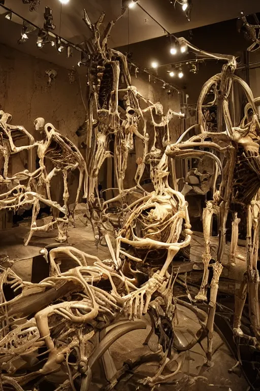 Prompt: inside a museum, a room where anatomical flesh body parts are piece of arts at night biomechanical, filth and grim, wires and strings, very detailed, ultra realistic photography, grainy image