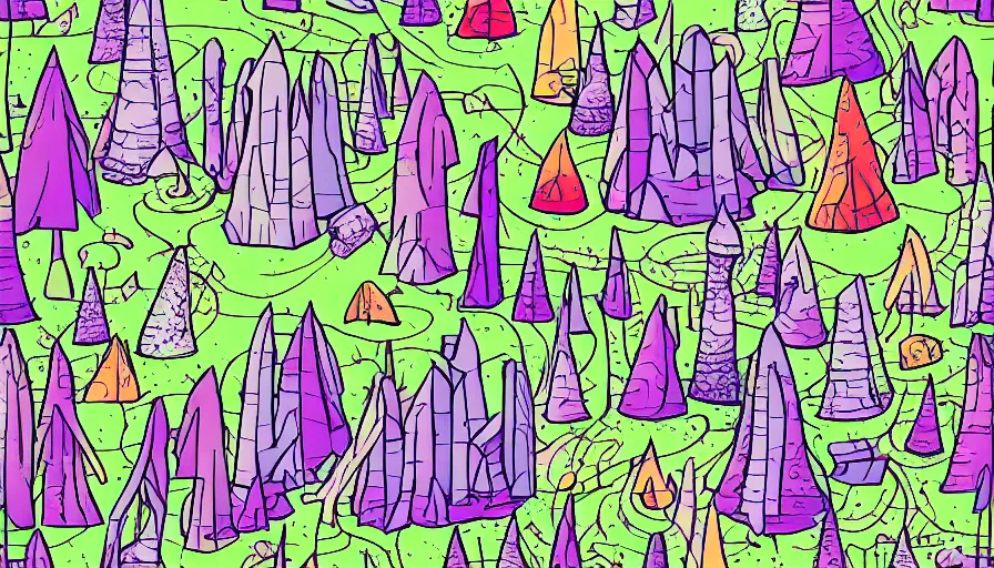 Image similar to forest filled with ruins, giant trees, tiny rocket, colorful, vector style drawing