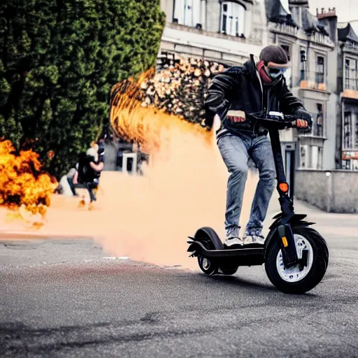 Prompt: a guy doing a burnout on an electric scooter in the streets of Vichy