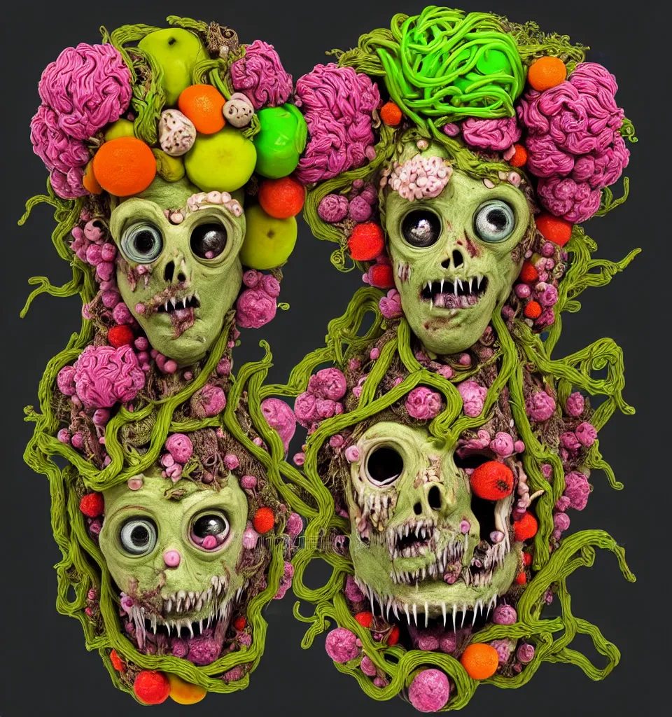 Image similar to headshot of a trickster nature zombie, head made of fruit and flowers in the style of arcimboldo, fragonard, covered with tendrils slime and vines, digital illustration, dynamic lighting, action figure, clay sculpture, claymation, turquoise pink and green, botanical rainbow backdrop