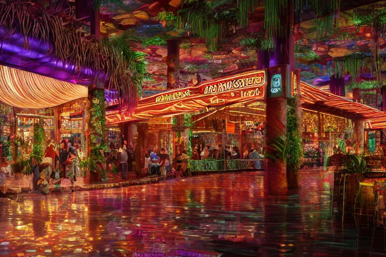 Image similar to photorealistic painting of a Rainforest Cafe by William Holman Hunt and Francesco Hayez, BladeRunner, dark, rainy, neon sign, octane render, 8k, award-winning, highly detailed, trending on arstation