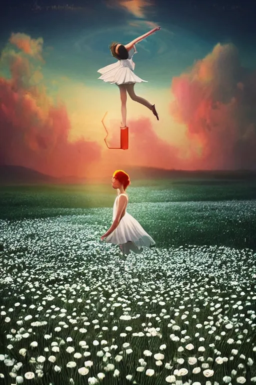 Image similar to giant white daisy flower as head, full body girl dancing in a flower field, surreal photography, sunrise, dramatic light, impressionist painting, colorful clouds, digital painting, artstation, simon stalenhag