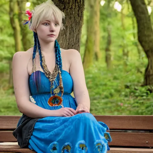 Image similar to dslr photo of a pretty young woman, full bodied portrait, with blue hair, sitting on a bench wearing a flower skirt, and body and wearing hemp sandals and a very detailed faerie necklace around neck, very high quality face, intricate details, extremely high quality, moody lighting, real camera, real photo 8 k, full subject in shot