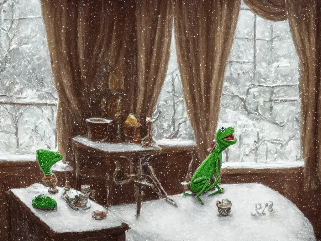 Image similar to Kermit the frog sits as it snows in the interior of a bourgeoise room, Still life with snow.