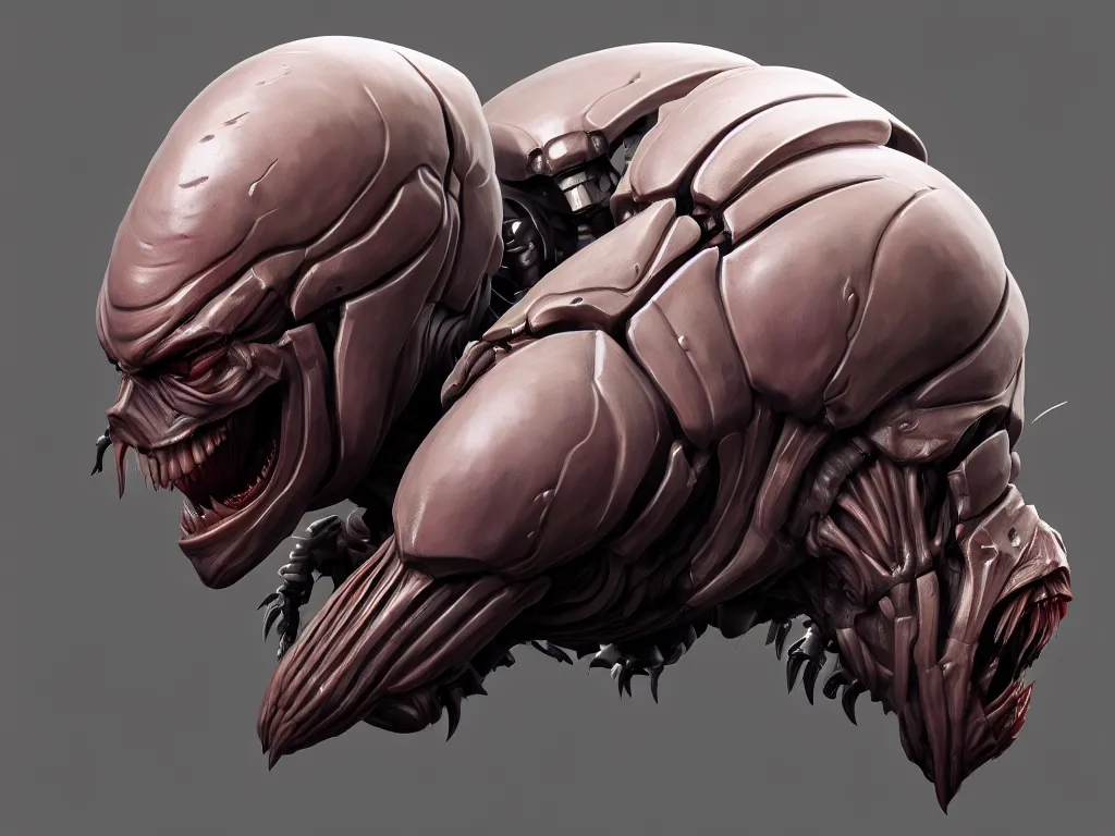 Image similar to game concept art, muscular, exoskeleton, chiroptera head, isopod, hyperrealism, fine detail, artstation, cgsociety, zbrush, no background