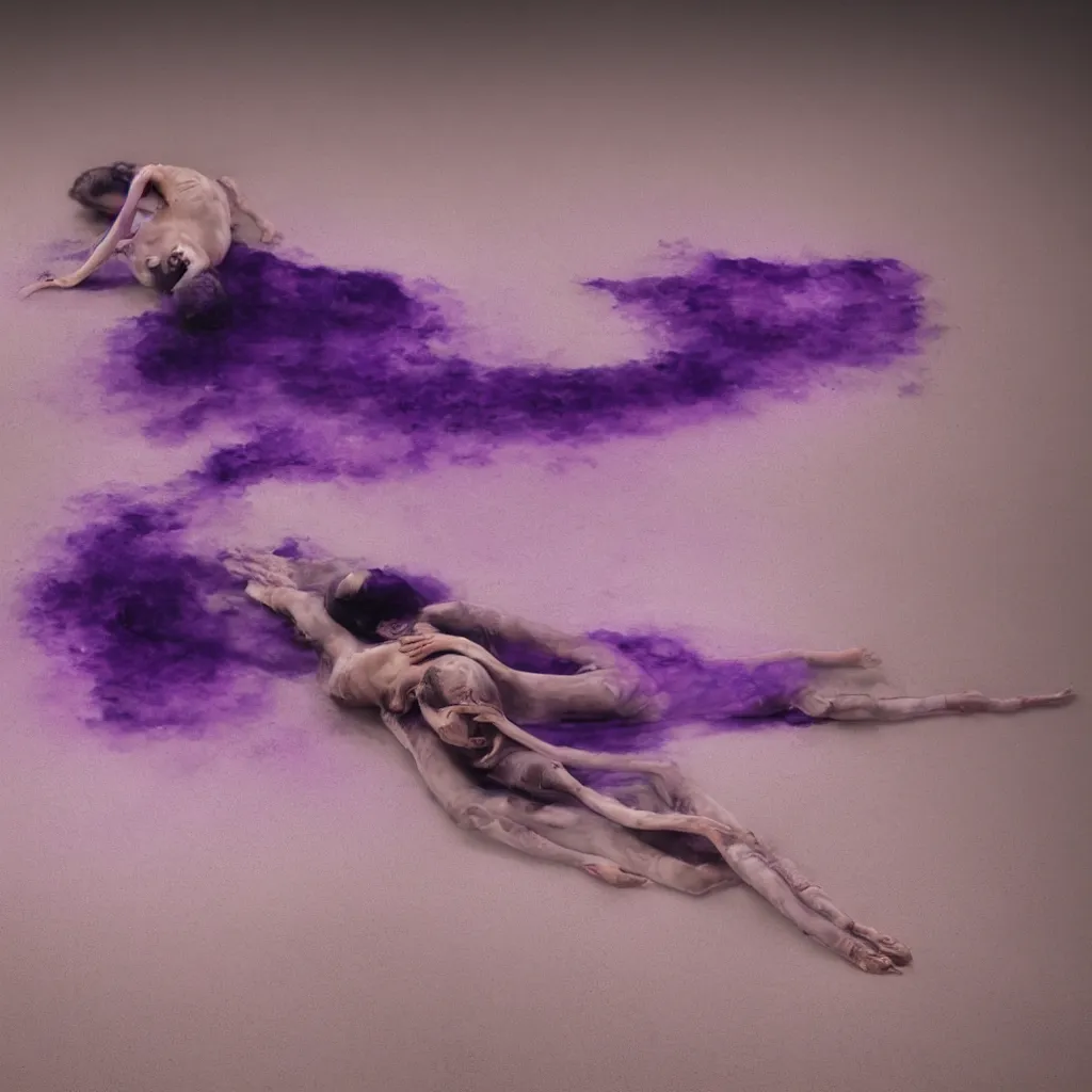 Image similar to iridiscent oil spill with women corpses connected by cables and computers to wax forms to a buried baby relaxing on yoga mat, faded, purple gradient, dust, purple fog, depth of field, by nadav kander and hans bellmer, 8 k, ultrarealistic, sad atmosphere, cinematic, 8 5 mm lens