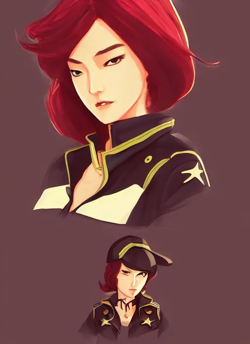 Image similar to full size persona, female sheriff, detail, ultra sharpness, beautiful female, detailed face, art by huyy nguyen, style by cain kuga, cowboy bebop art style, 3 2 beautiful color palettes with their corresponding gradient