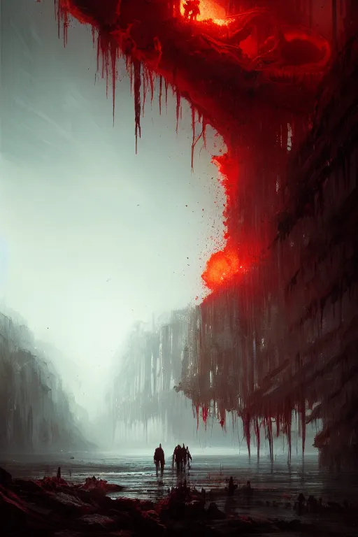 Image similar to bloody river in hell, by greg rutkowski, people walking into the horizon, trending on artstation