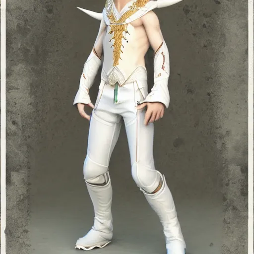 Image similar to a highly detailed male elf in full length, with white long hair, white clothes, bright blue eyes, artstation, DeviantArt, professional, octane render