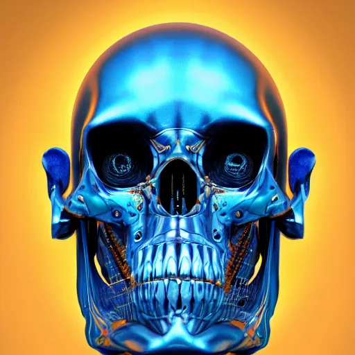 Image similar to hyperdetailed robotic skeleton head with blue human eyes, human eyes, symetry, golden ratio, iconography, intricate, detailed, volumetric lighting, scenery, digital painting, highly detailed, artstation, sharp focus, illustration, artstation, detailed vectorart