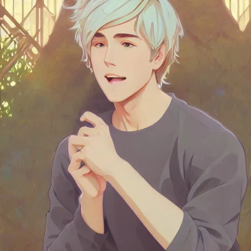 Image similar to young man with short, ash blond greyish hair, light brown eyes, casual clothes, relaxing, happy, path traced, highly detailed, high quality, digital painting, by studio ghibli and alphonse mucha, sylvain sarrailh, beautiful details