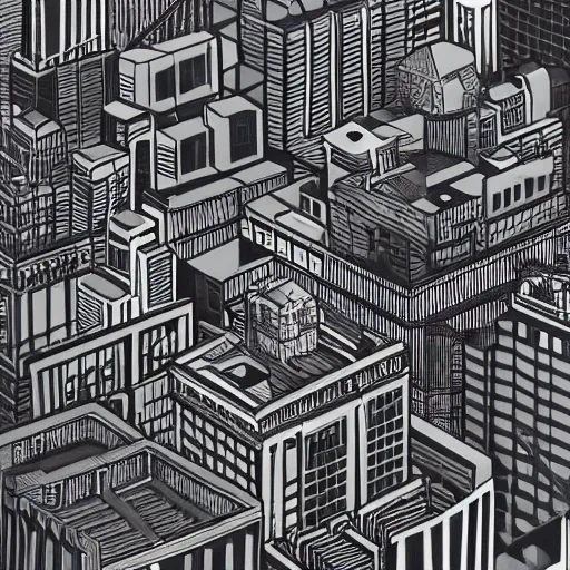 Prompt: Brooklyn skyline painting by MC Escher, realistic, abstract, ambient lighting, atmospherical, stunning visuals, creative, cinematic, ultra detailed, trending on art station, axonometric display