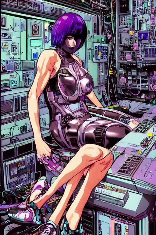 Image similar to hypedetailed cyberpunk illustration of motoko kusanagi seated on her knees in a tech lab, with messy wires and cables coming out of her head and back, by masamune shirow and katsuhiro otomo, colorful, complex, centered, wide angle, back view