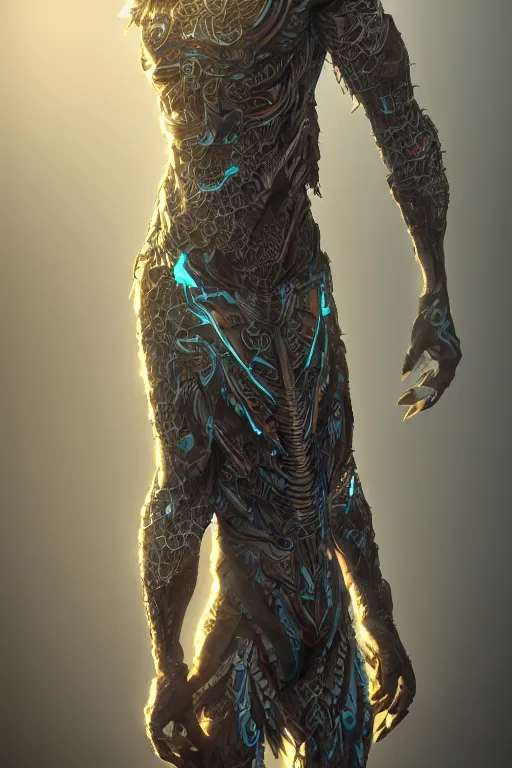 Prompt: full body portrait of a he Keeper of the mountain caves with light tattoos and decals wearing a futuristic organic clothe, intricate design, photorealistic, octane render, raytraced, ultra fine detailed, character design, trending on artstation