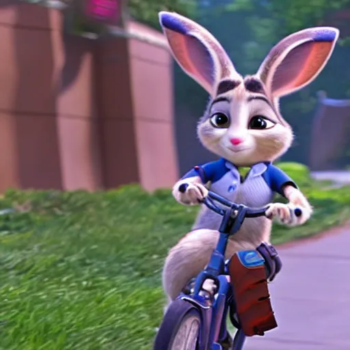 Prompt: judy hopps riding a bike, screenshot from zootopia ( 2 0 1 6 )