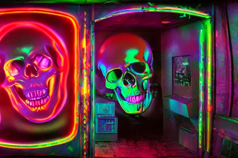 Prompt: giant screaming metallic skull inside of a 1970s videogame arcade, neon lights, dirty, ektachrome photograph, volumetric lighting, f8 aperture, cinematic Eastman 5384 film