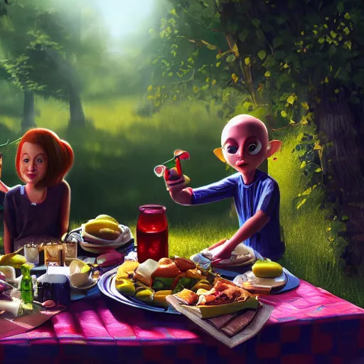 Image similar to having a picnic with my alien family, trending on artstation, 4 k photorealism, 4 k quality