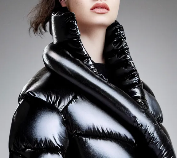 Image similar to well lit fashion shoot portrait of extremely beautiful female black marble statue wearing huge puffer jacket over size futuristic outerwear, puffer trouser, puffer jacket, puffer jacket by moncler genius, dingyun zhang, yeezy, balenciaga, vetements, sharp focus, clear, detailed, detailed, glamorous, symmetrical, vogue, editorial, fashion,