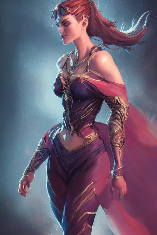 Image similar to three quarters portrait pose of a beautiful woman, strong body,super heroine costume,super powers, fantasy, intricate, elegant, highly detailed, digital painting, artstation, concept art,shining, sharp focus, illustration, art by Stanley Lau