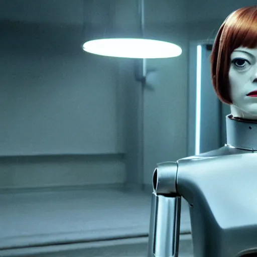 Image similar to movie still of robot emma stone, cinematic composition, cinematic light, criterion collection, by edgar wright