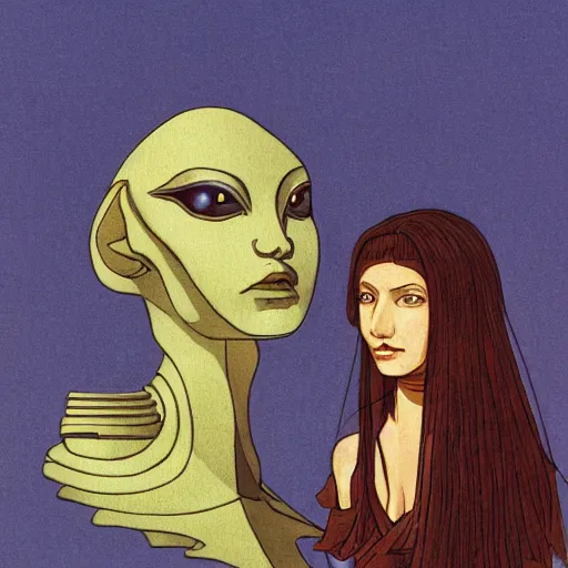 Prompt: an alien sphinx and female like creature by takayuki takeya