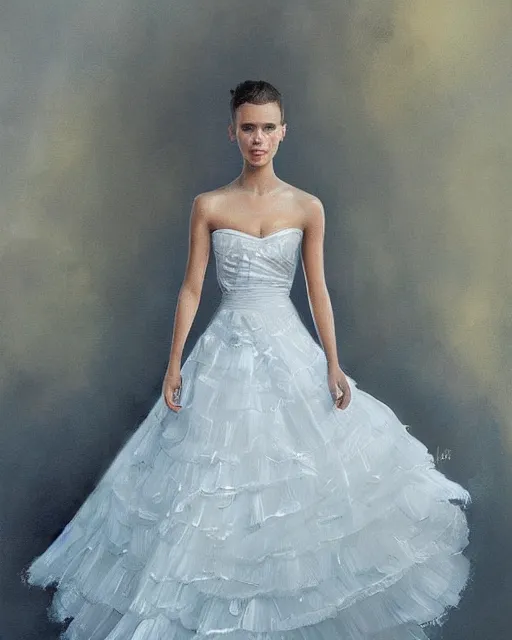 Prompt: a painting of alicia vikander or millie bobby brown in a wedding dress, highly detailed, artstation, concept art, by john jude palencar