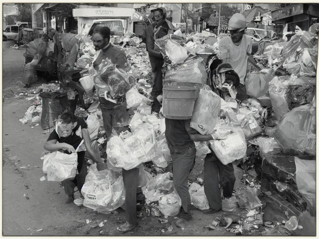 Image similar to a kind garbage collector gifting trash to people, award-winning, 1980 vintage photo, portrait, highly detailed