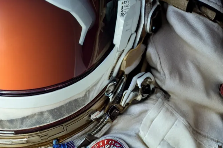 Prompt: mars surface reflection on astronauts helmet, close up shot