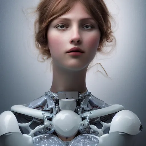 Image similar to beautiful centered fine art photo portrait of beautiful girl as a solarpunk robotic humanoid, white mechanical parts with led lights, bouguereau style pose, photorealistic, white background, highly detailed and intricate, soft box lighting, hdr 8 k