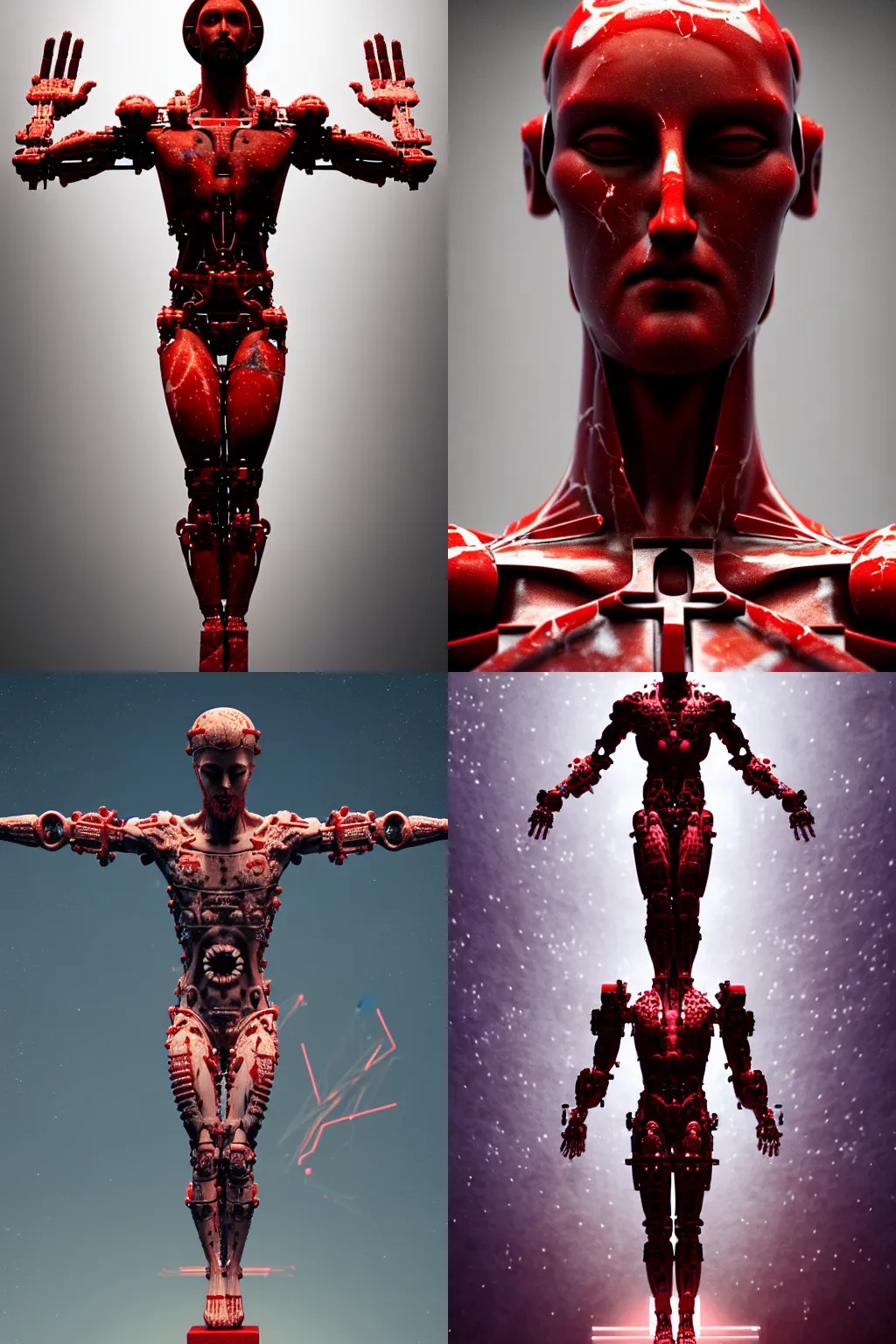 Prompt: a statue jesus on cross made of red marble, perfect symmetrical body, full body shot, white biomechanical, wearing epic bionic cyborg implants, space station, masterpiece, intricate, biopunk, vogue, highly detailed, artstation, concept art, background galaxy, cyberpunk, octane render